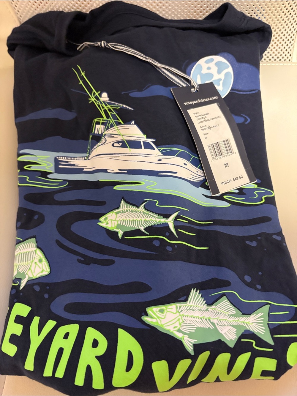 Vineyard Vines Navy Tee with Lime & Light Blue Fish Print